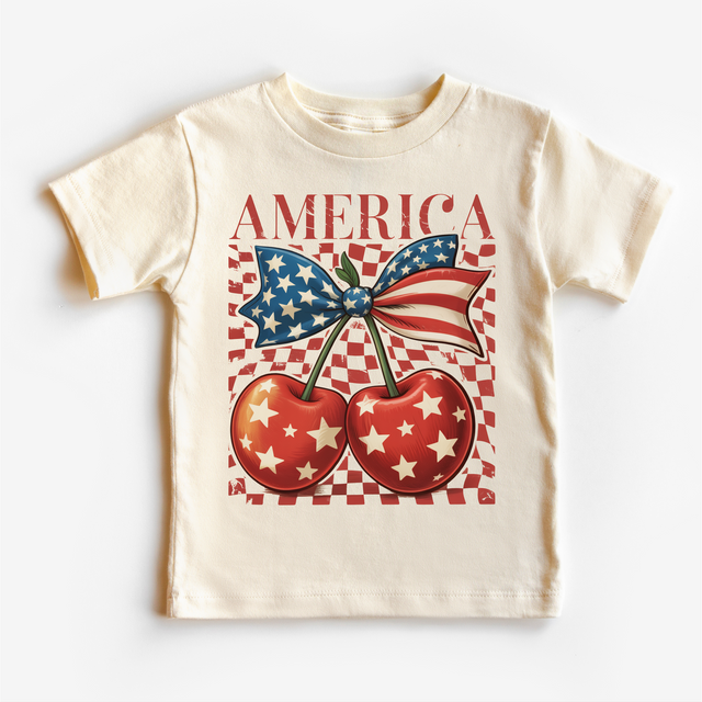 Patriotic Cherry Bow Kids Graphic Tee | 4th of July Boutique Shirt | USA Americana Toddler & Youth T-Shirt