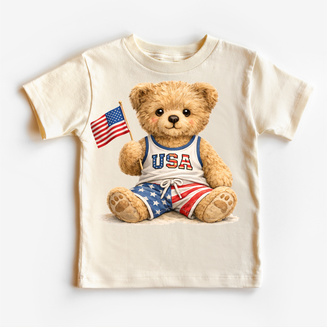Patriotic Teddy Bear Kids Shirt – USA Fourth of July Outfit – Cute American Flag Toddler Tee – Boys & Girls Independence Day Shirt