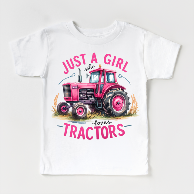 Just A Girl Who Loves Tractors - Kids Pink Farm Tractor Tee