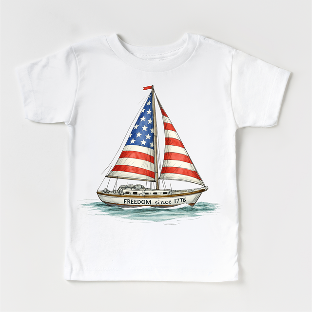 Freedom Since 1776 Sailboat Tee – Patriotic American Flag Boat Shirt | Vintage USA Summer Graphic T-Shirt