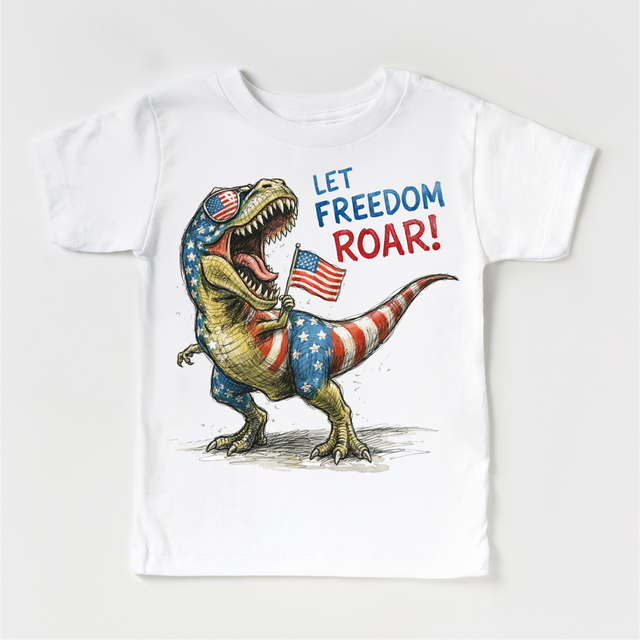 Let Freedom Roar 4th of July T-Rex Shirt – Patriotic Dinosaur Kids Tee – Red White Blue Dino Shirt