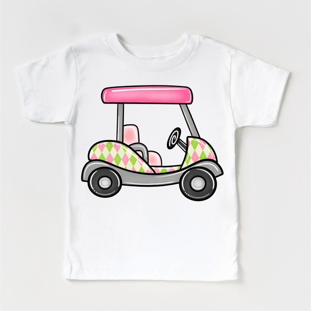 Pink Golf Cart Kids Shirt – Preppy Argyle Golf Tee for Girls – Cute Golf Outfit for Toddlers & Kids