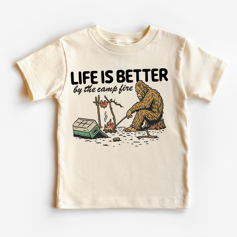 Life Is Better by the Campfire Kids T-Shirt | Funny Sasquatch Camping Tee | Outdoor Adventure Kids Shirt | Bigfoot Graphic Tee