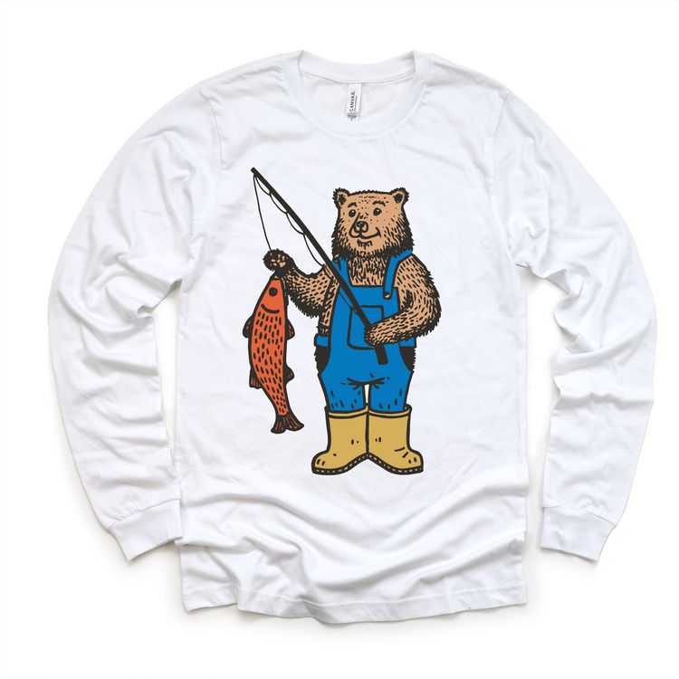 Kids Fishing Bear T-Shirt | Cute Bear Catching Fish Tee | Outdoorsy Kids Shirt | Woodland Animal Graphic Tee