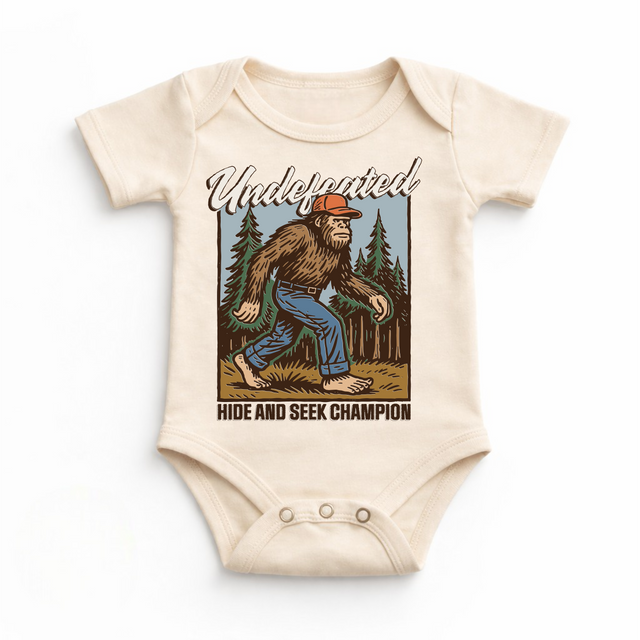 Undefeated Bigfoot Kids Graphic Tee – Funny Sasquatch Hide & Seek Shirt – Vintage Outdoor Boys Shirt – Boutique Kids Apparel