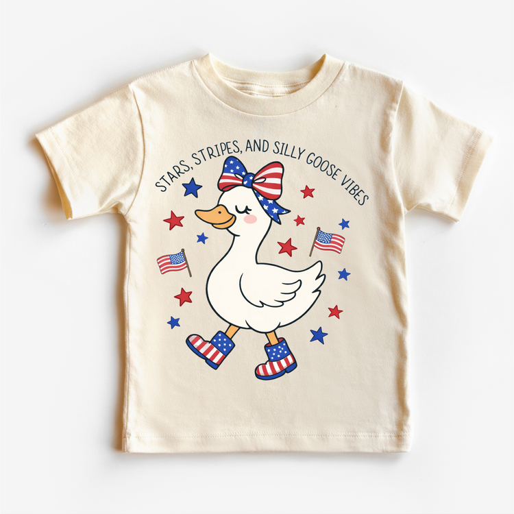 Stars, Stripes & Silly Goose Vibes Kids Patriotic T-Shirt | Cute 4th of July Silly Goose Tee
