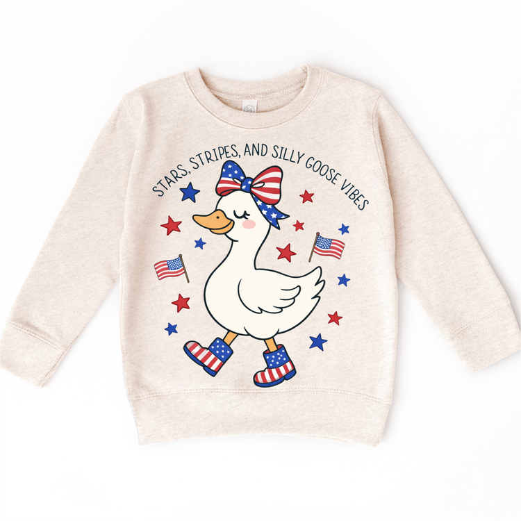 Stars, Stripes & Silly Goose Vibes Kids Patriotic T-Shirt | Cute 4th of July Silly Goose Tee