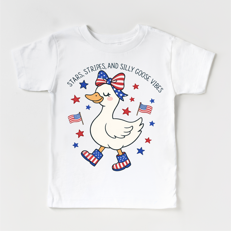 Stars, Stripes & Silly Goose Vibes Kids Patriotic T-Shirt | Cute 4th of July Silly Goose Tee