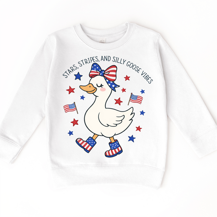 Stars, Stripes & Silly Goose Vibes Kids Patriotic T-Shirt | Cute 4th of July Silly Goose Tee