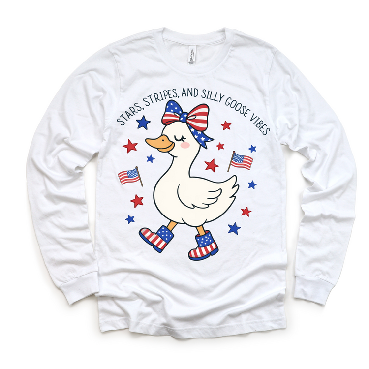 Stars, Stripes & Silly Goose Vibes Kids Patriotic T-Shirt | Cute 4th of July Silly Goose Tee