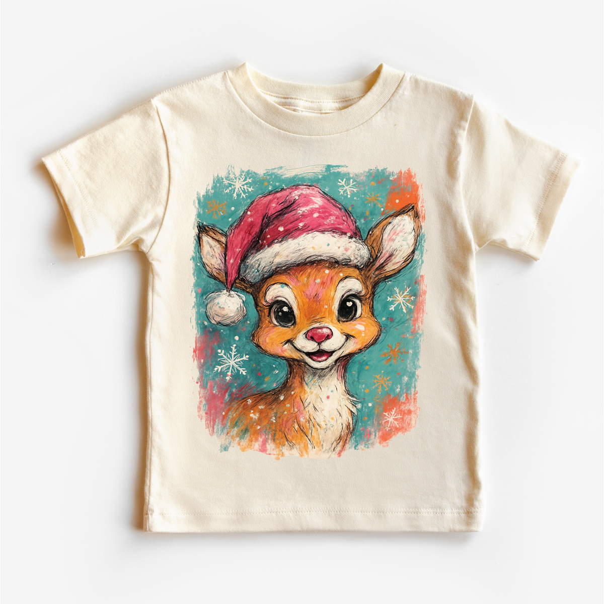 Rudolph Christmas Reindeer design on a natural garment.