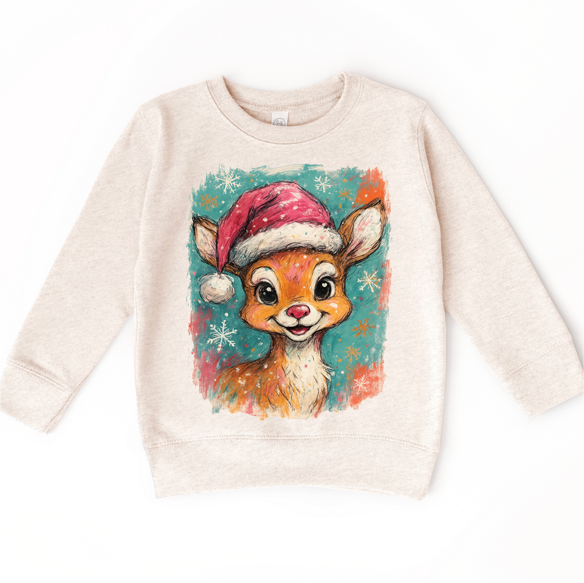 Rudolph Christmas Reindeer design on a natural sweatshirt.
