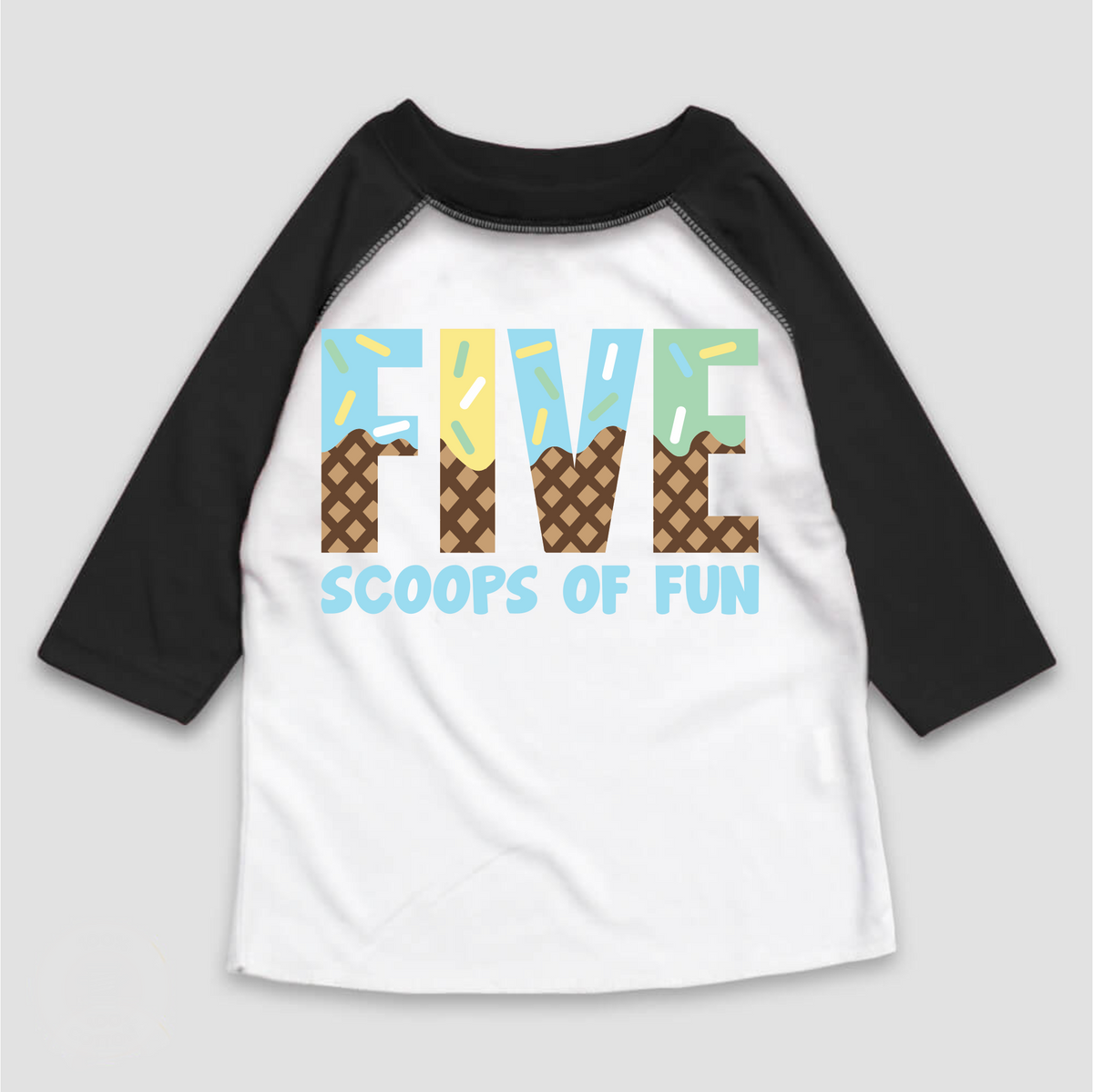 Five Scoops Of Fun Ice Cream Birthday design on a black-accented shirt.