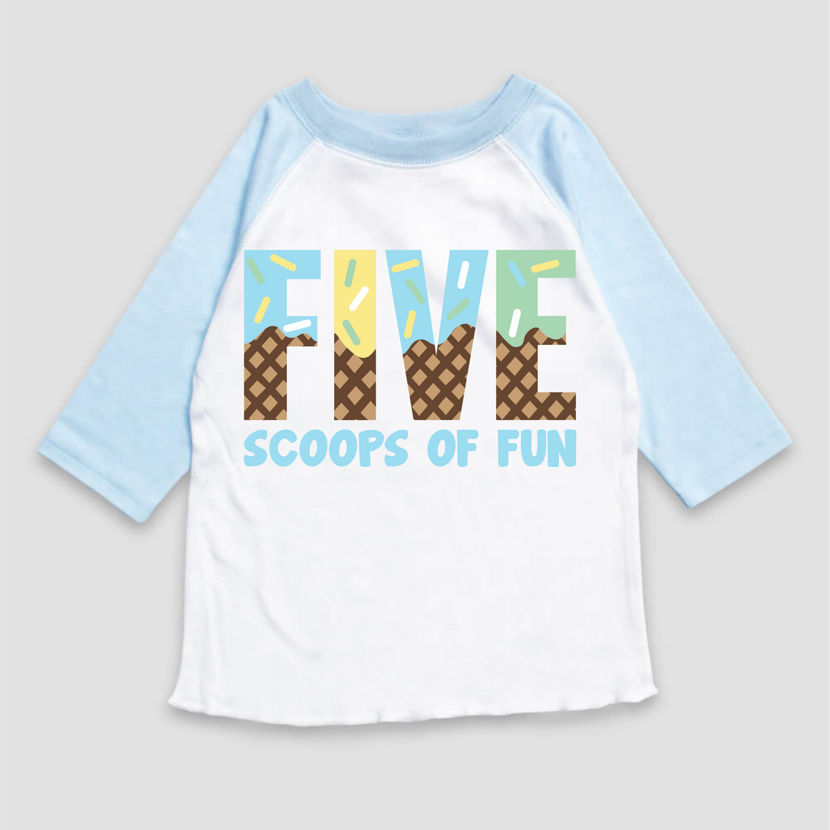 Five Scoops Of Fun Ice Cream Birthday design on a blue garment.