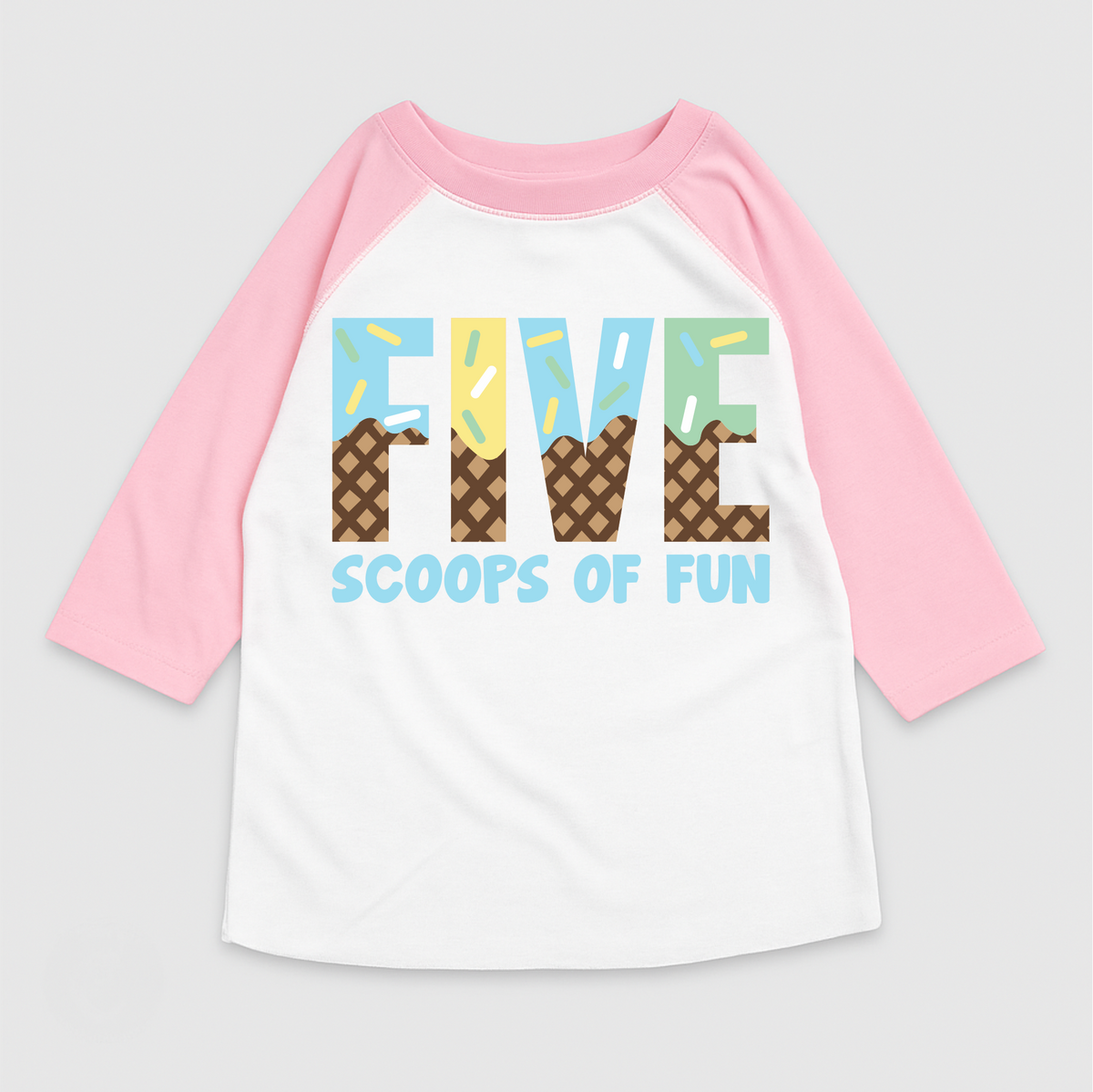 Five Scoops Of Fun Ice Cream Birthday design on a pink garment.