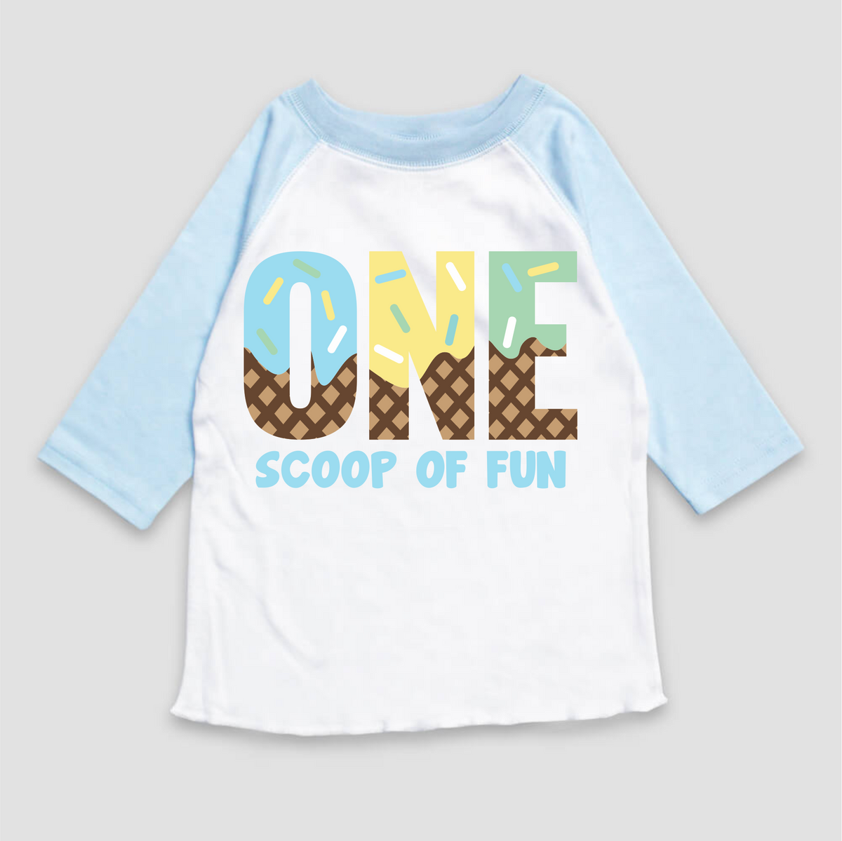 One Scoop Of Fun Ice Cream Birthday design on a blue garment.