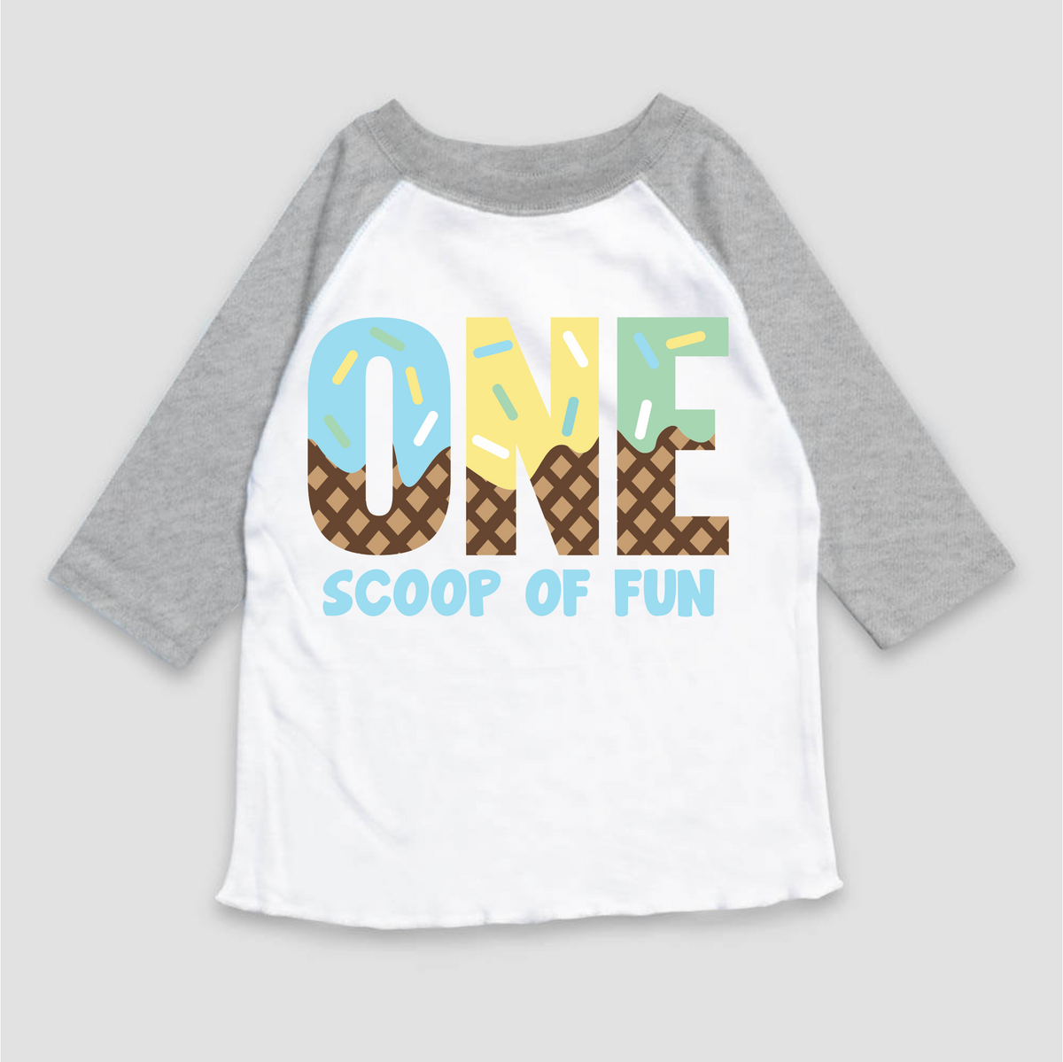 One Scoop Of Fun Ice Cream Birthday design on a gray garment.