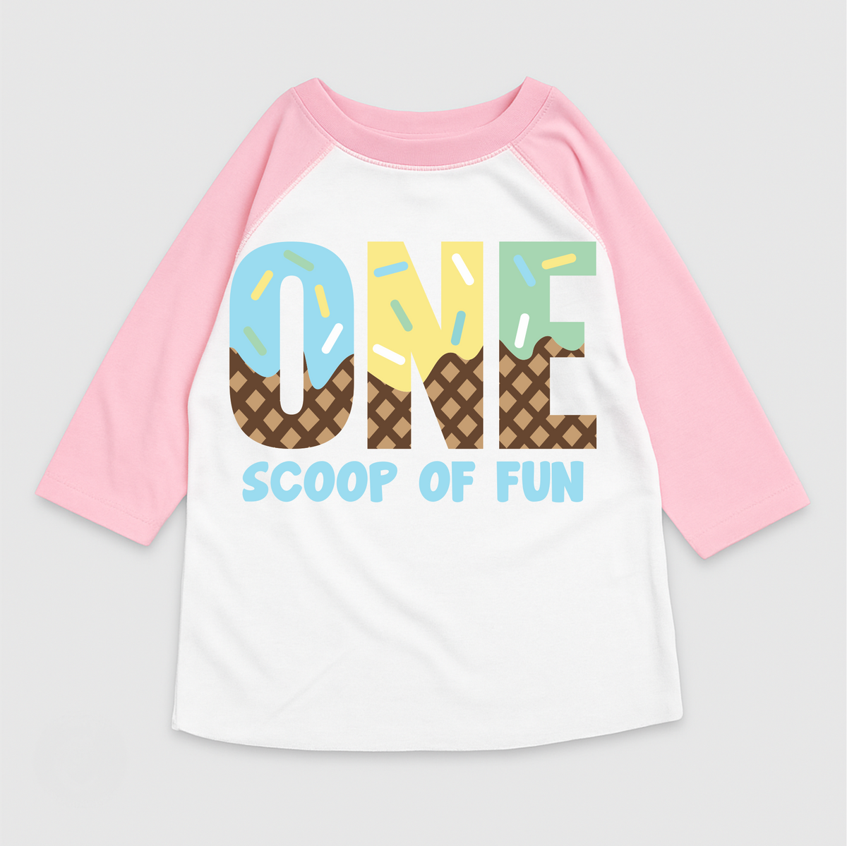 One Scoop Of Fun Ice Cream Birthday design on a pink garment.