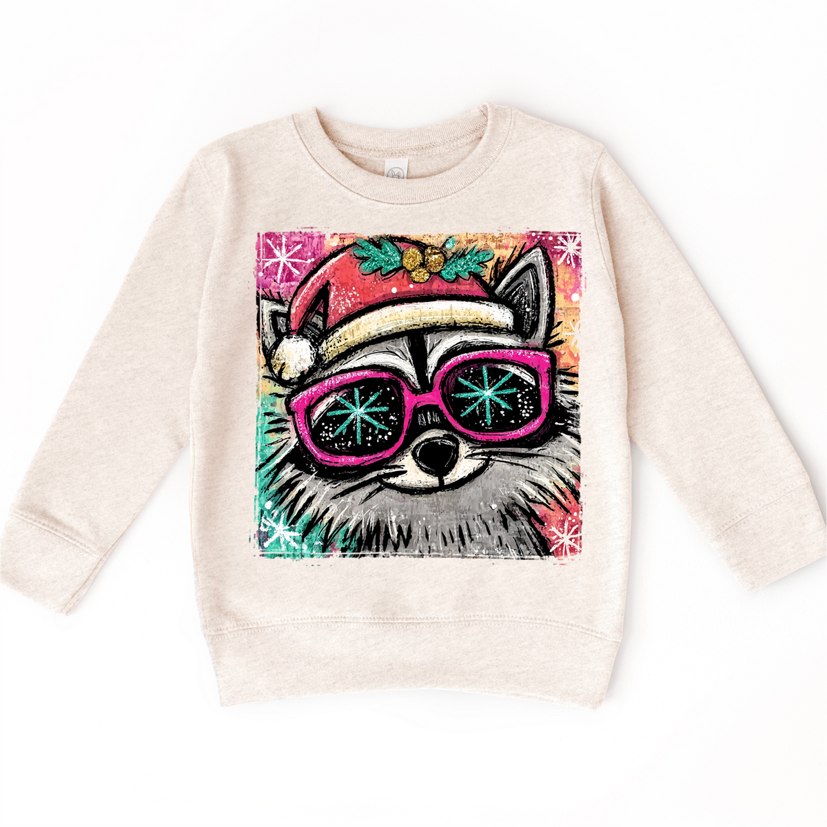 Christmas Raccoon Festive design on a natural sweatshirt.