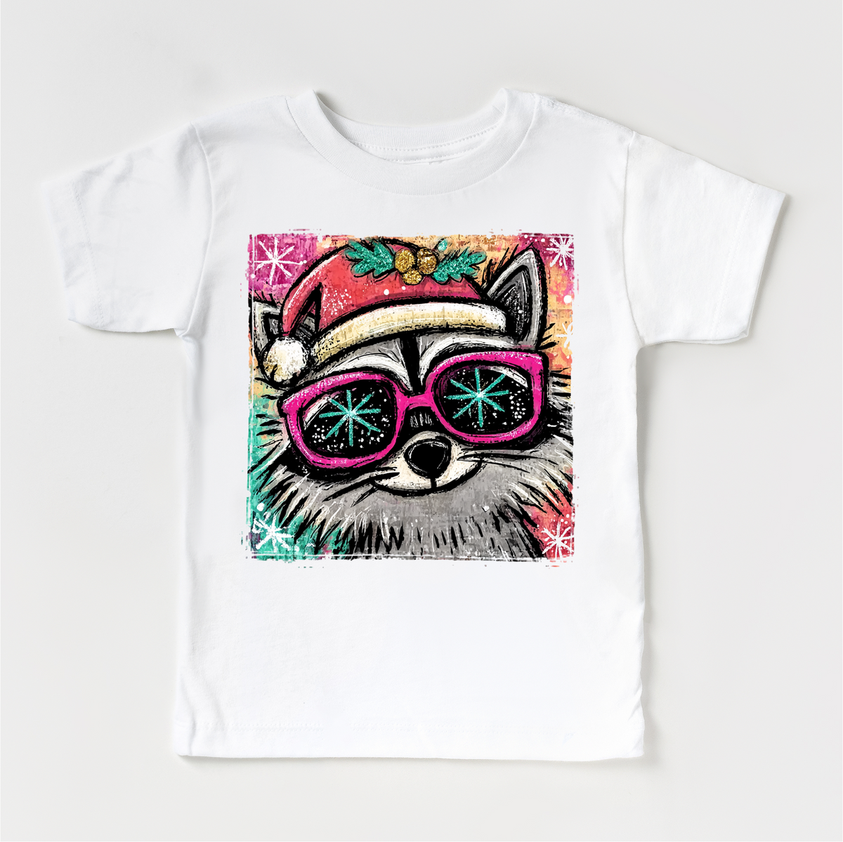 Christmas Raccoon Festive design on a white garment.