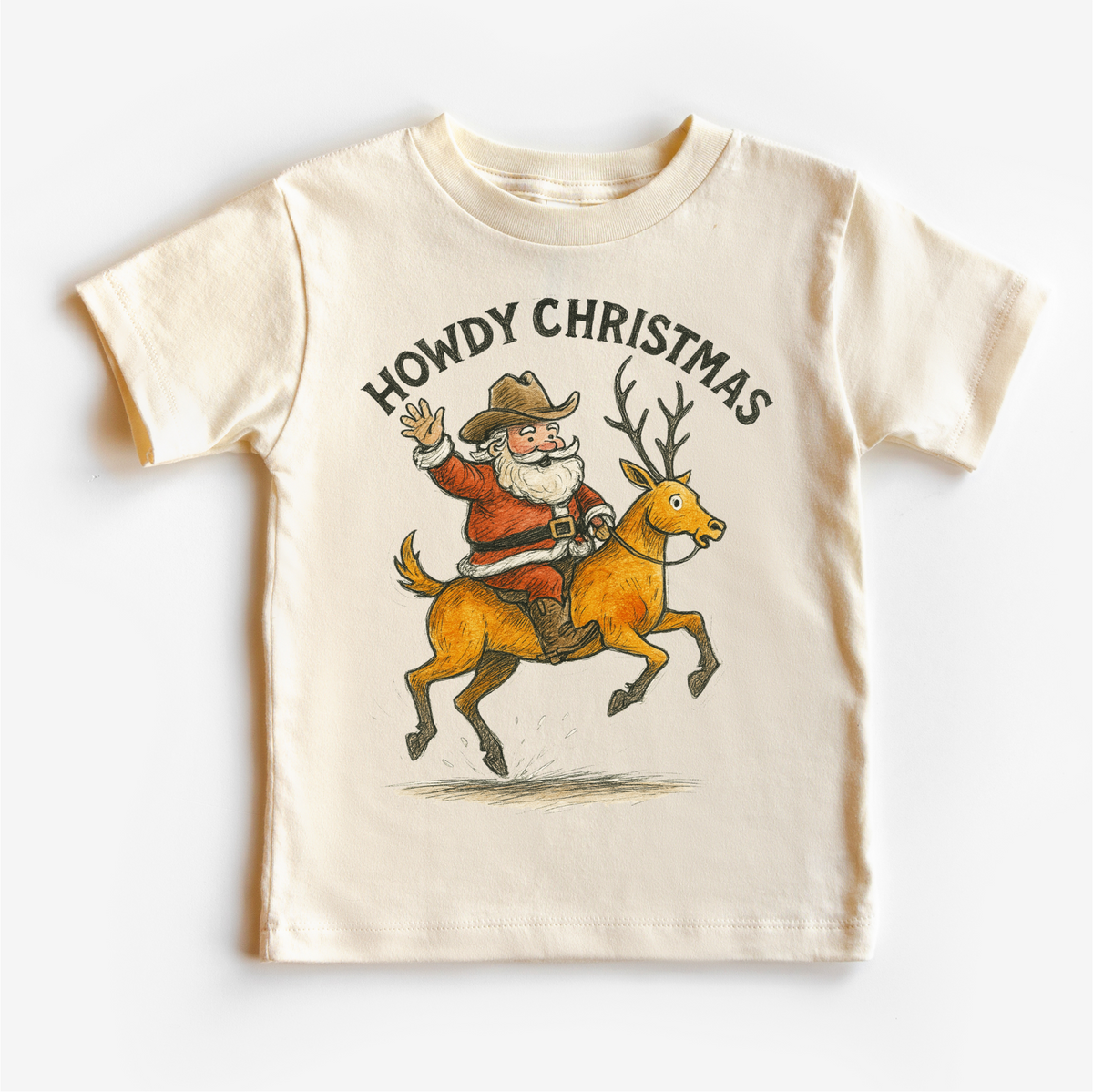 Howdy Christmas Rodeo Santa Natural kids tee