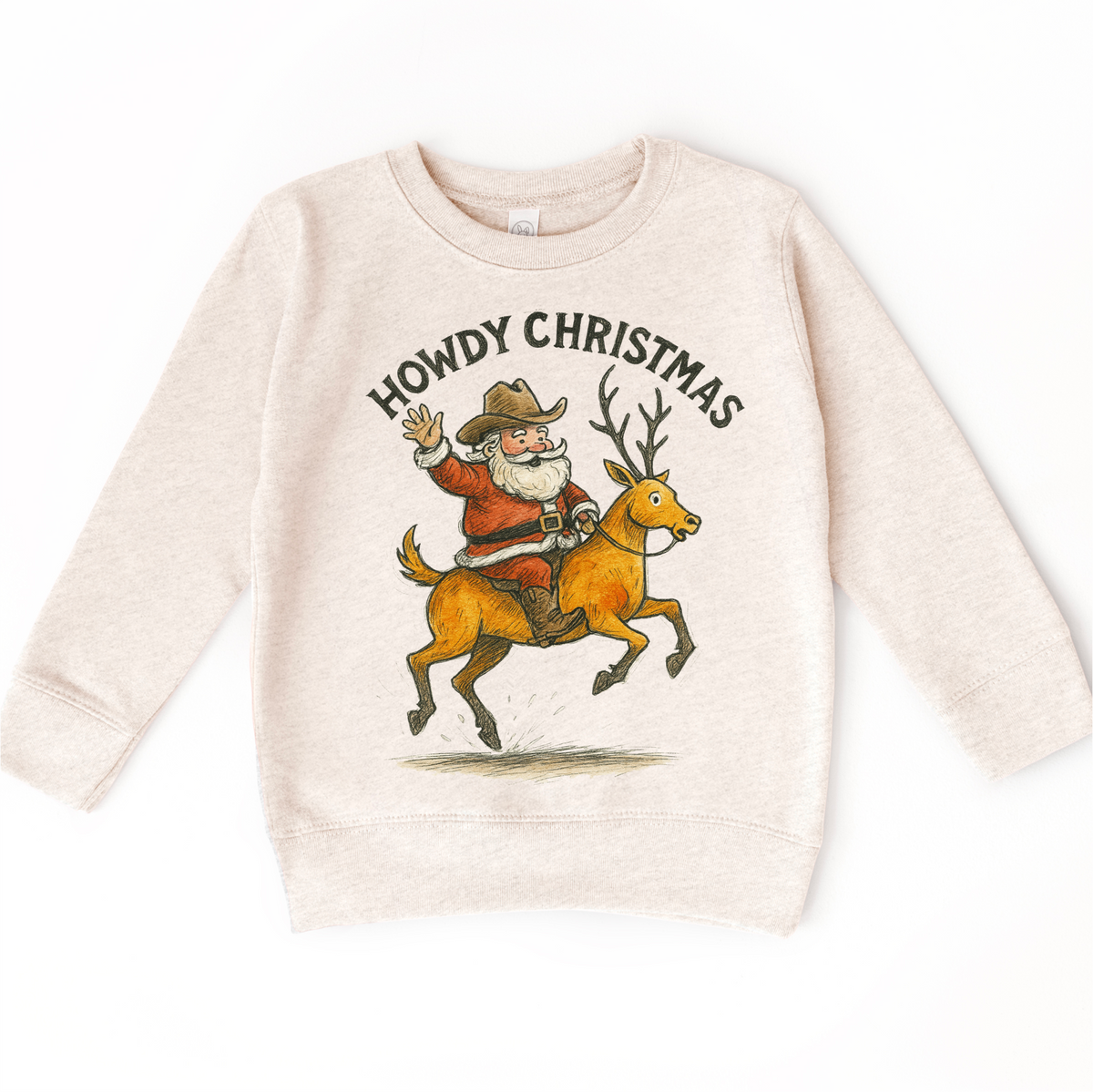 Howdy Christmas Rodeo Santa on natural kids sweatshirt