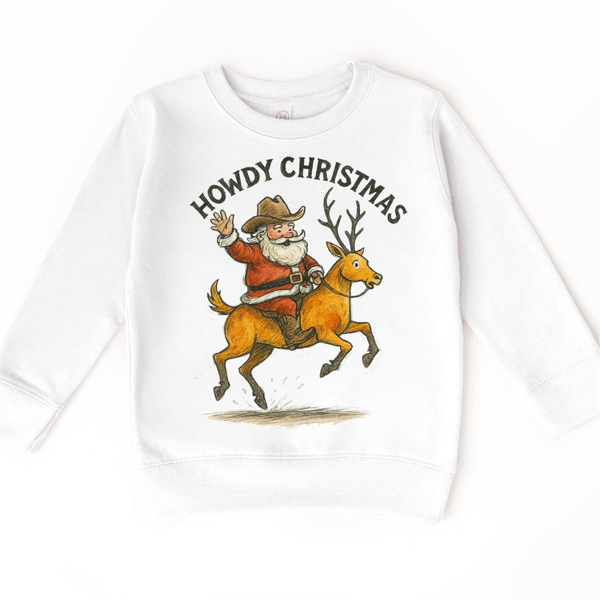 Howdy Christmas Rodeo Santa on white kids sweatshirt