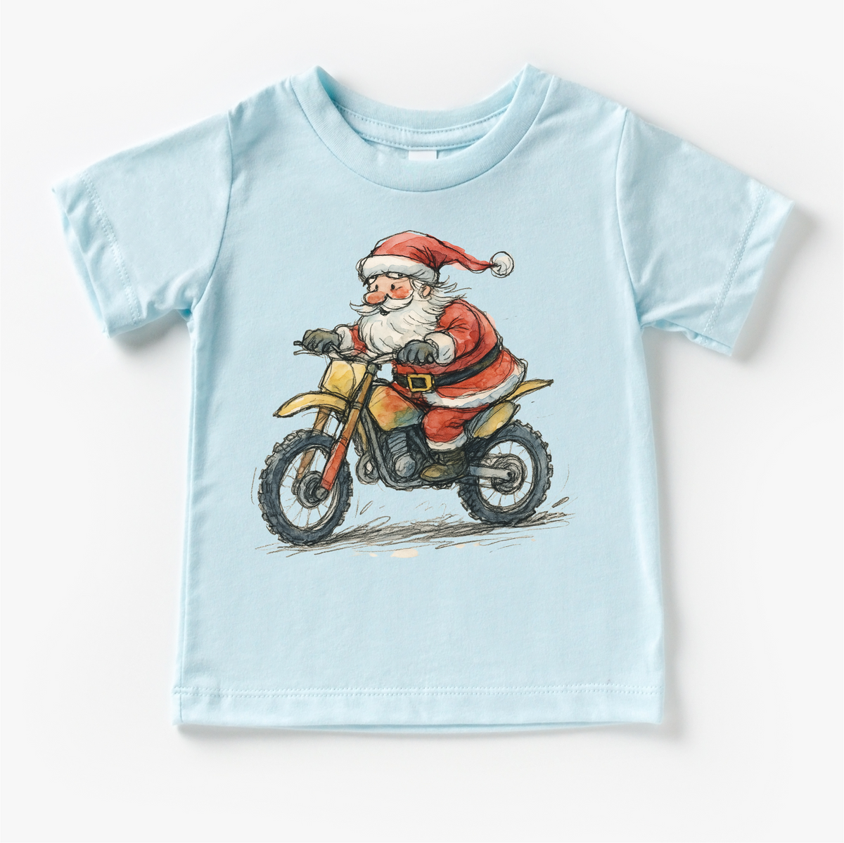 Santa Riding A Motocross Dirt Bike design on a blue garment.
