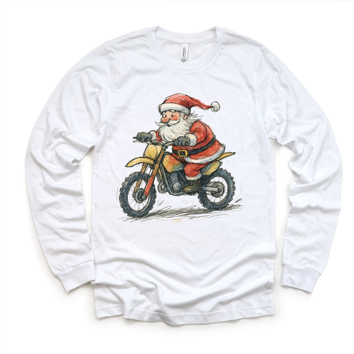 Santa Riding A Motocross Dirt Bike design on a long sleeve shirt.