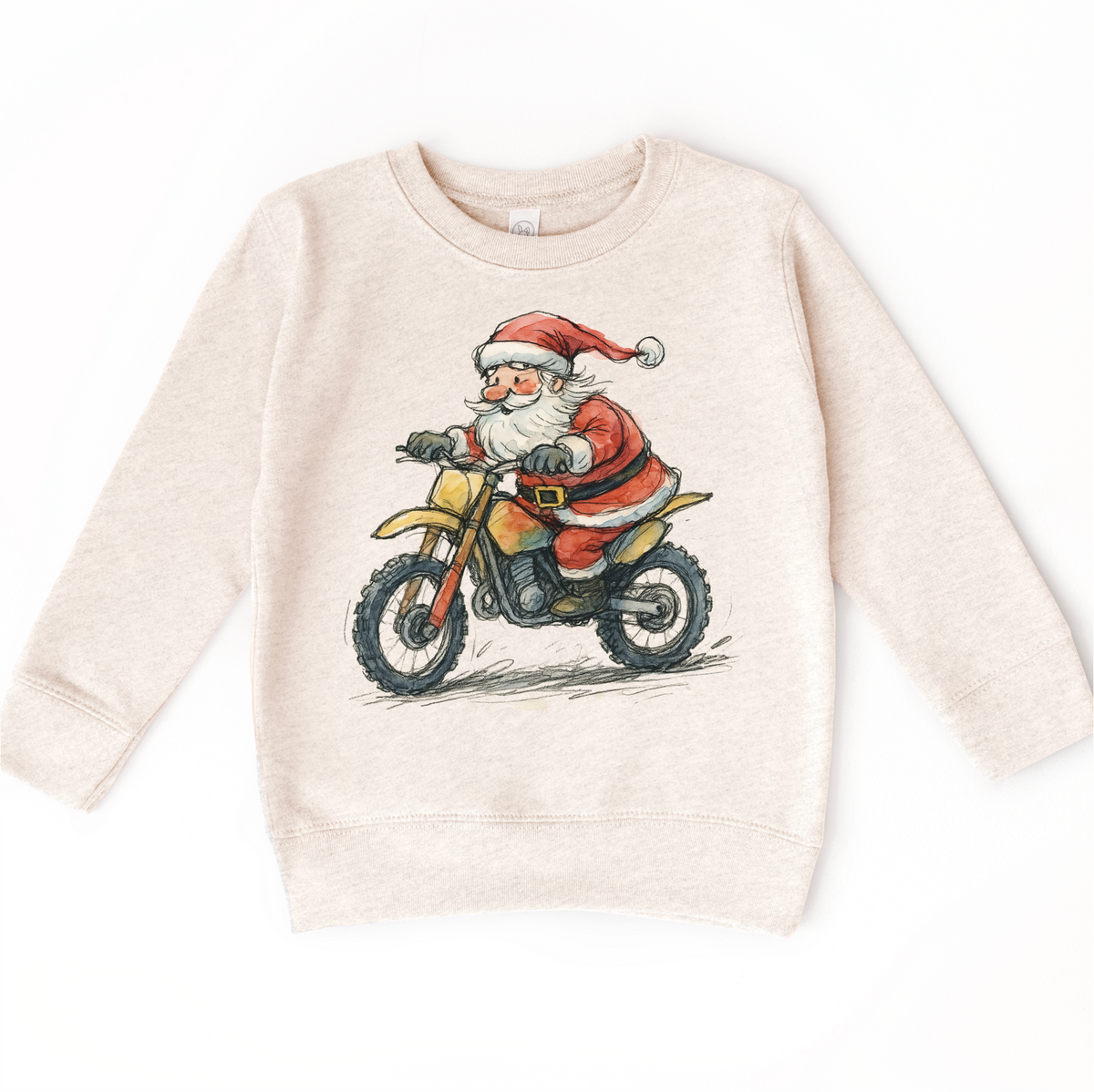 Santa Riding A Motocross Dirt Bike design on a natural sweatshirt.