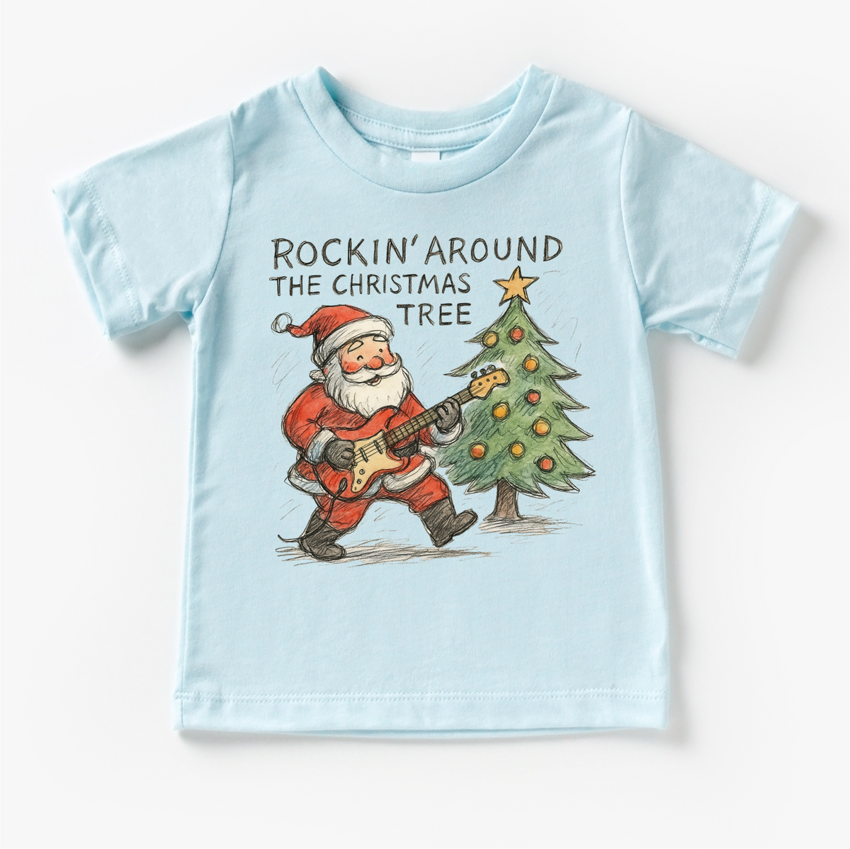 Rockin' Around The Christmas Tree design on a blue garment.