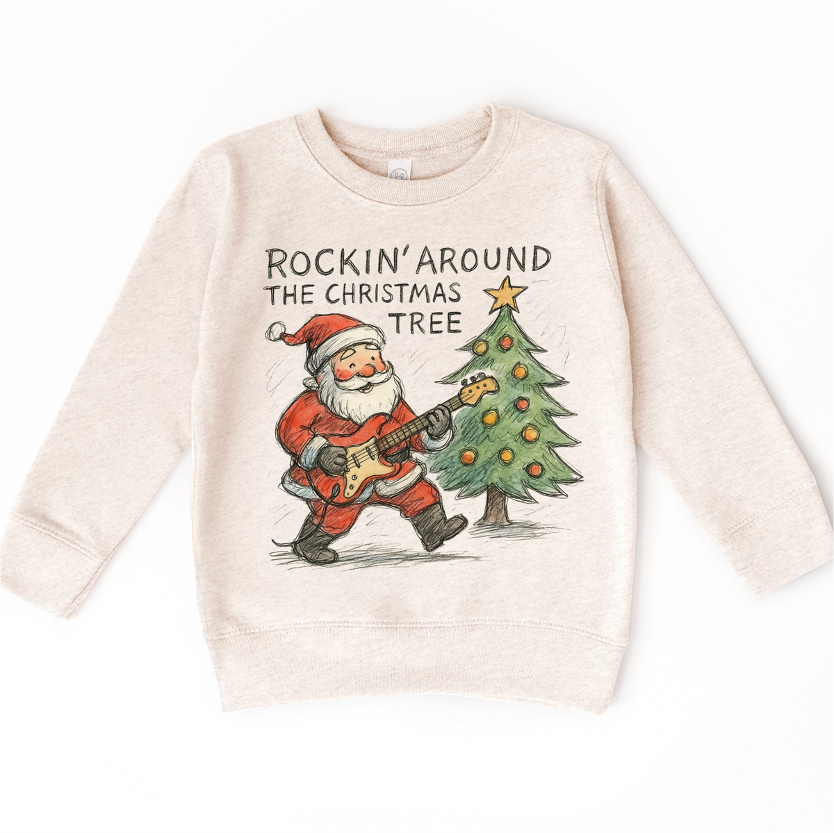 Rockin' Around The Christmas Tree design on a natural sweatshirt.