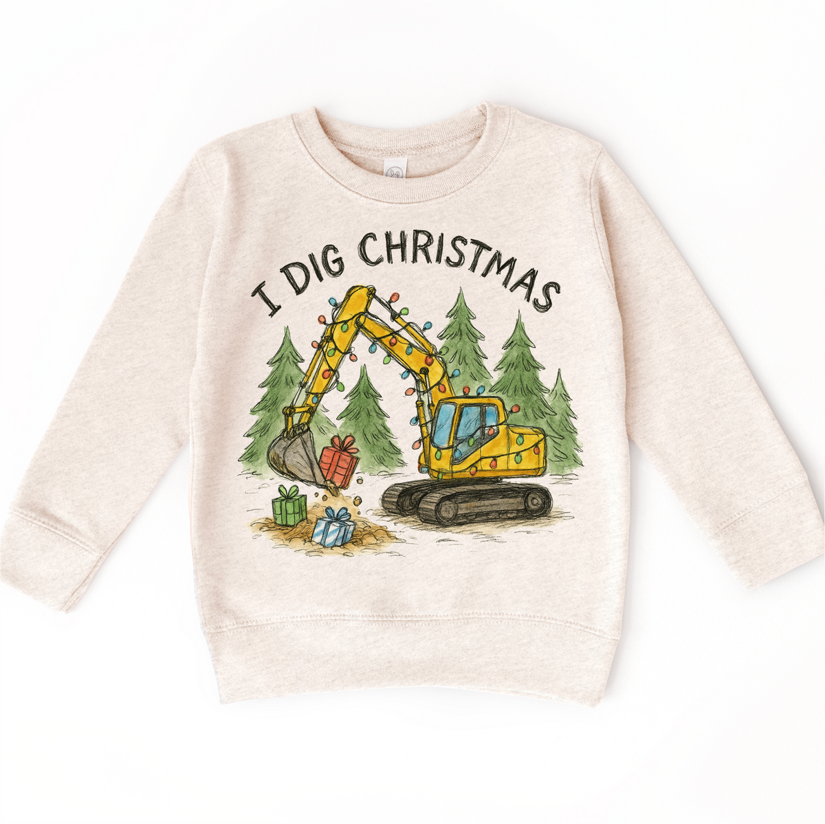 I Dig Christmas Excavator design on a natural sweatshirt.