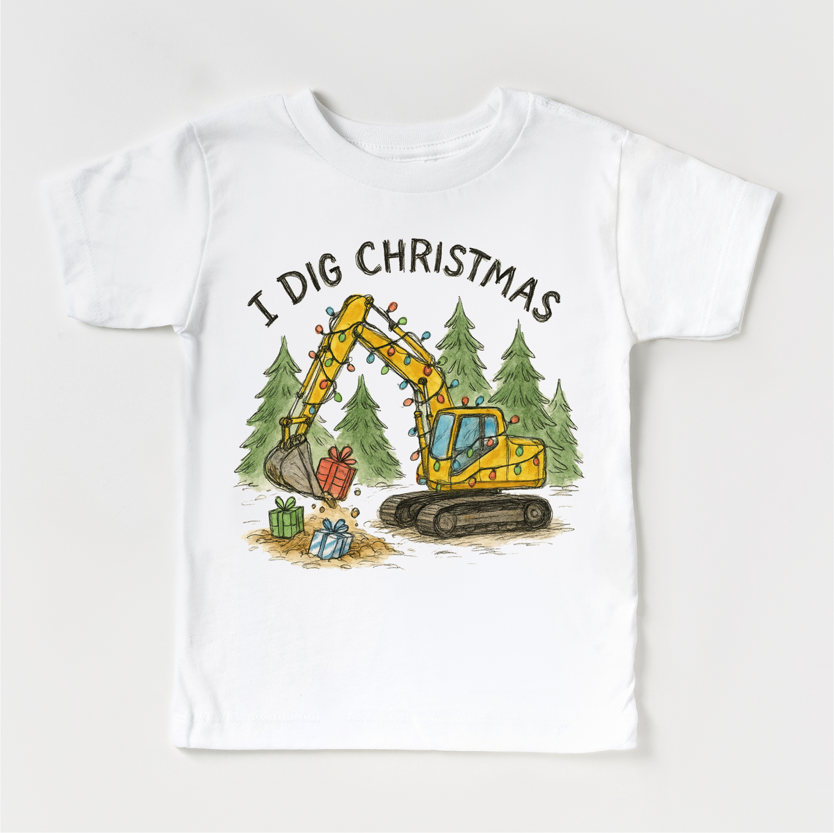 I Dig Christmas Excavator design on a white garment.