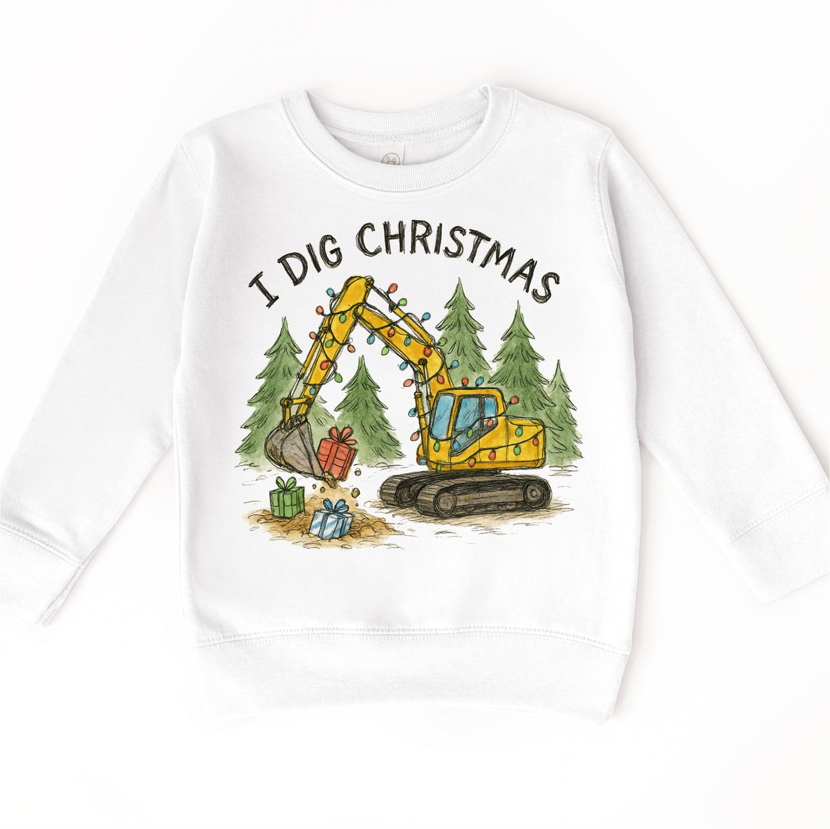 I Dig Christmas Excavator design on a white sweatshirt.