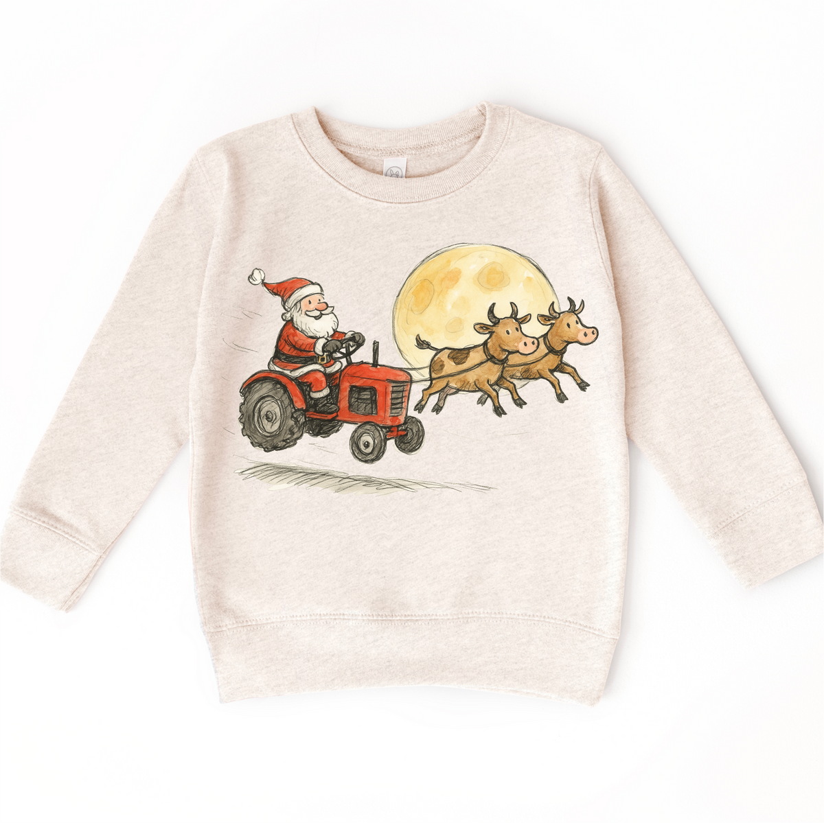 Santa Tractor And Cows Farm Christmas on natural kids sweatshirt