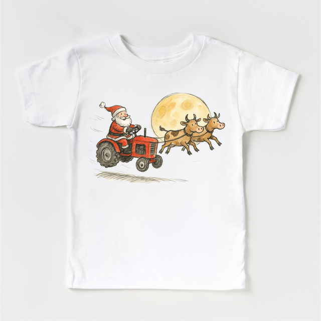 Santa Tractor And Cows Farm T-Shirt - Kids Country Christmas Tee