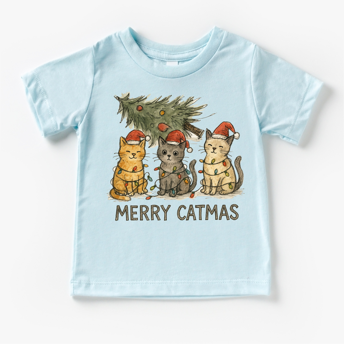 Merry Catmas Kitty Cat Christmas Tree design on a blue garment.
