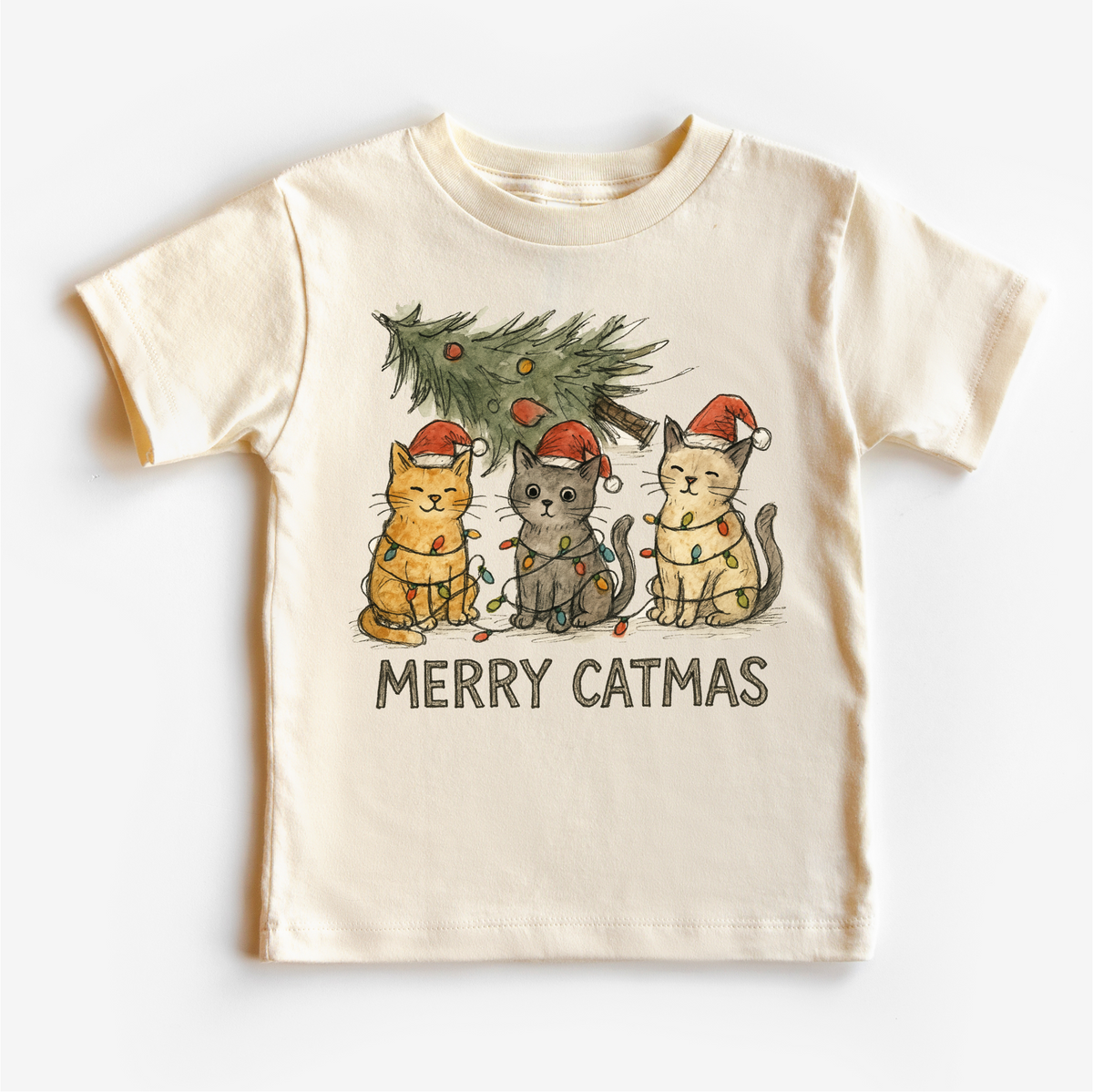 Merry Catmas Kitty Cat Christmas Tree design on a natural garment.
