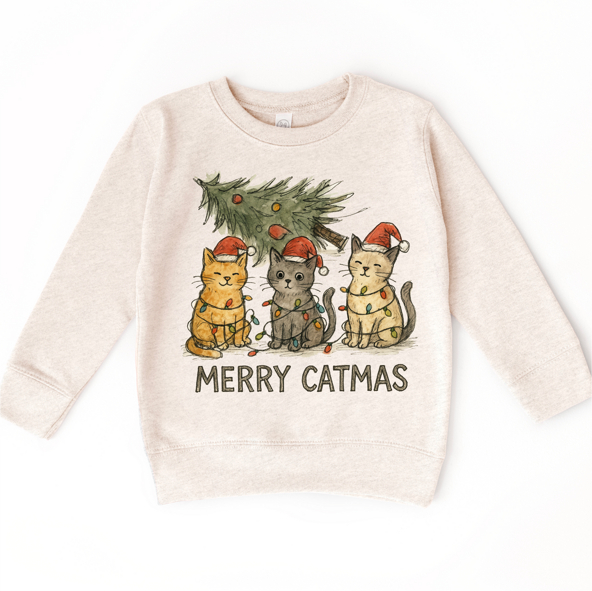 Merry Catmas Kitty Cat Christmas Tree design on a natural sweatshirt.
