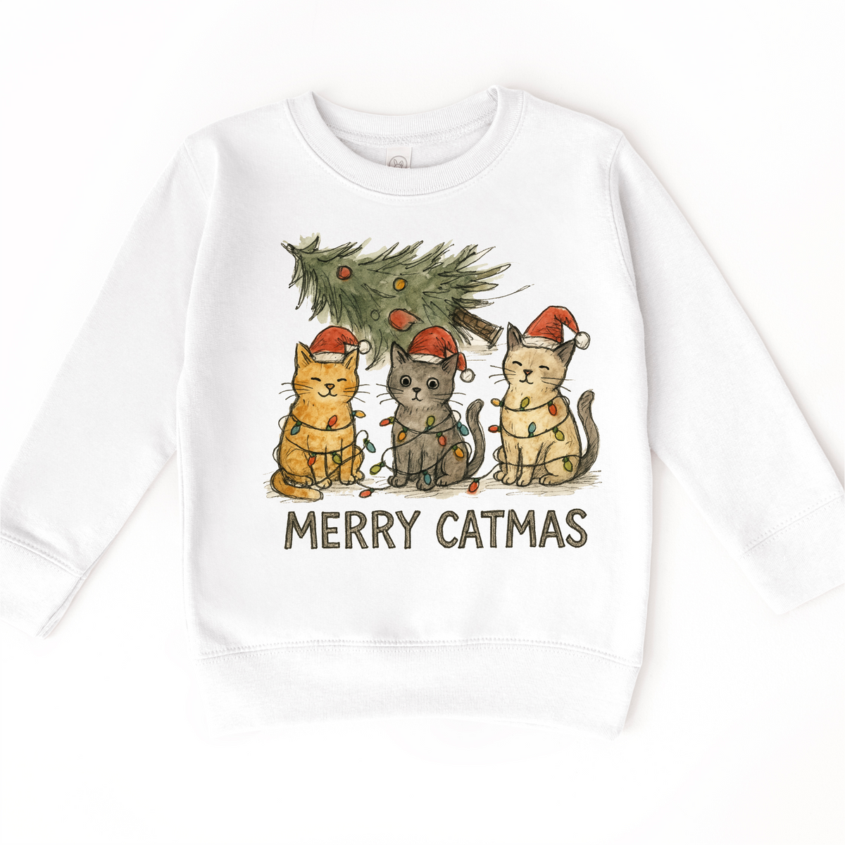 Merry Catmas Kitty Cat Christmas Tree design on a white sweatshirt.
