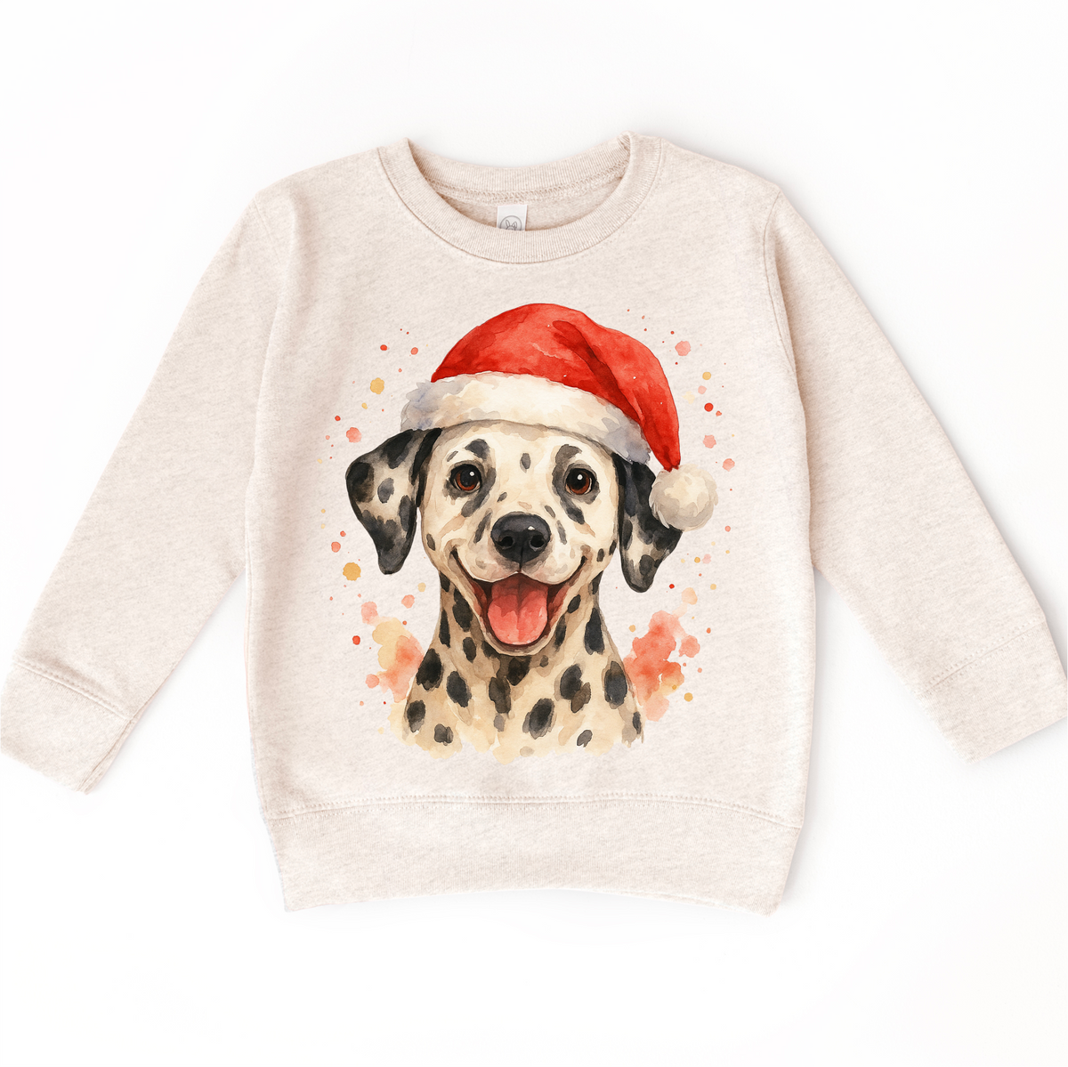 Christmas Dalmatian Dog design on a natural sweatshirt.