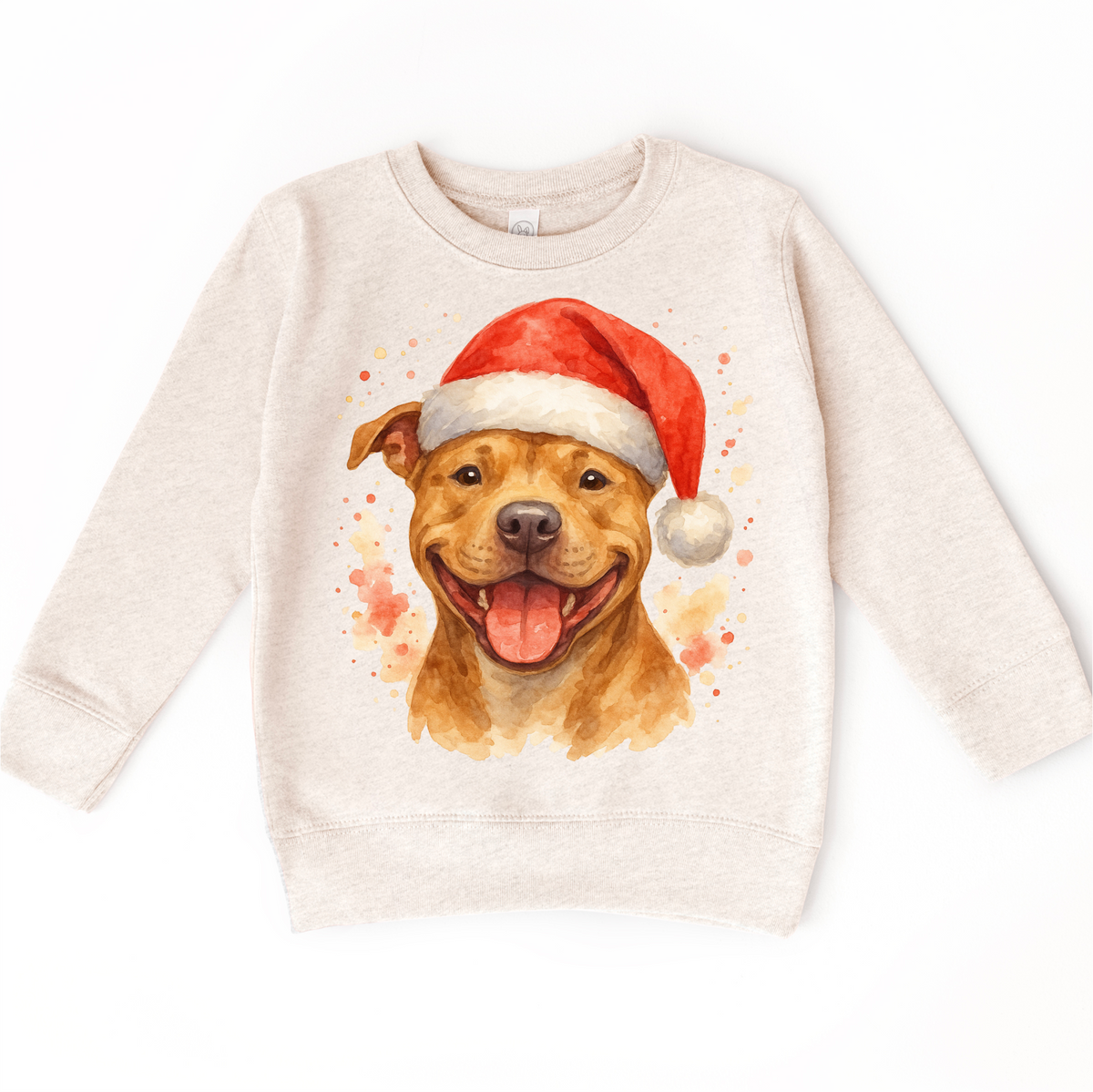 Christmas Pitbull Santa Dog design on a natural sweatshirt.