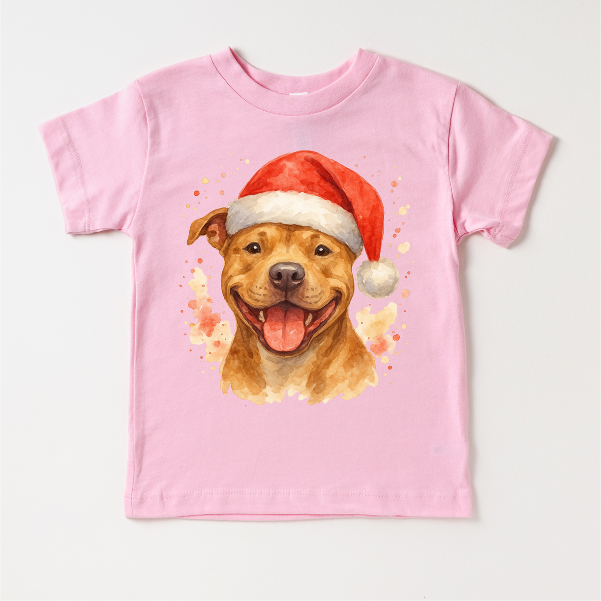 Christmas Pitbull Santa Dog design on a pink garment.