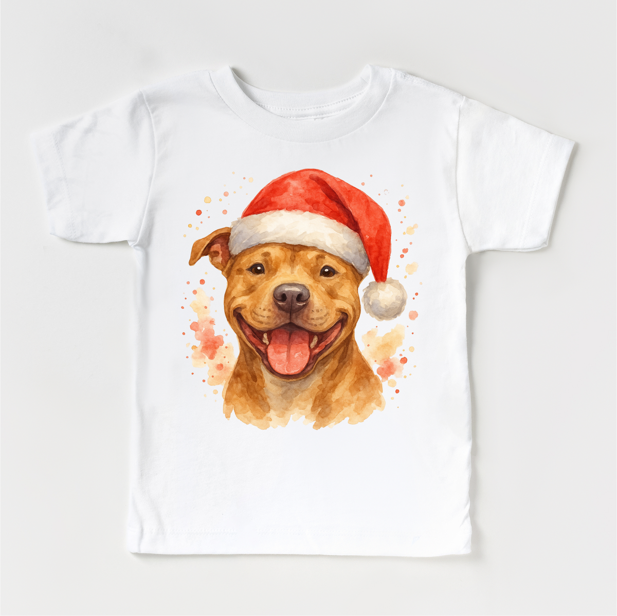 Christmas Pitbull Santa Dog design on a white garment.