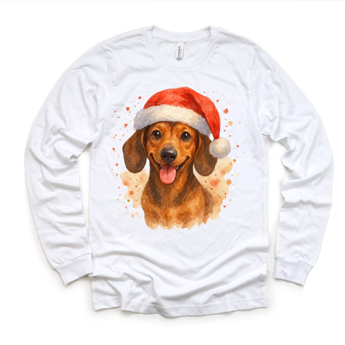 Christmas Dachshund Santa Dog design on a long sleeve shirt.