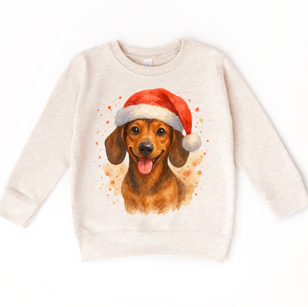 Christmas Dachshund Santa Dog design on a natural sweatshirt.