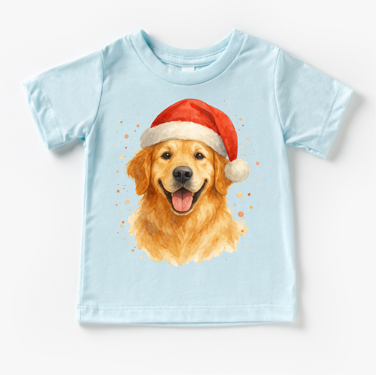 Christmas Golden Retriever Santa Dog design on a blue garment.