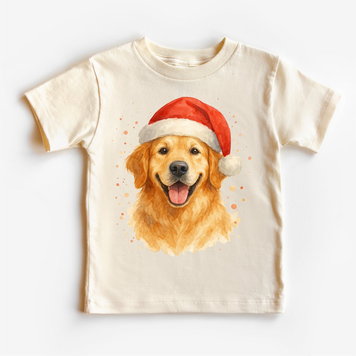 Christmas Golden Retriever Santa Dog design on a natural garment.