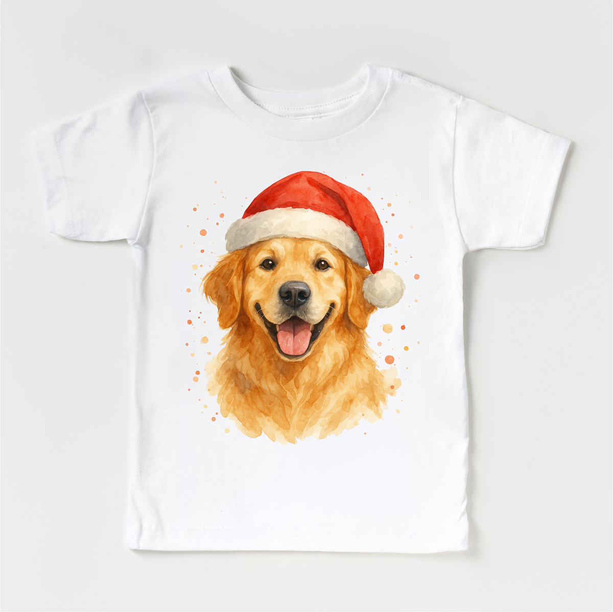 Christmas Golden Retriever Santa Dog design on a white garment.